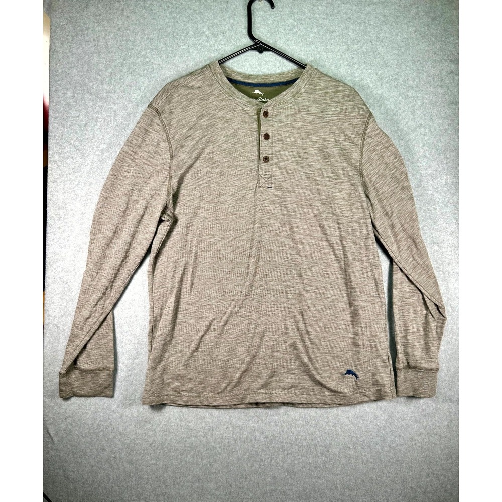 Stain* Tommy Bahama Henley Shirt Mens Large Gray Casual Long Button Placket